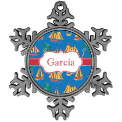 Boats & Palm Trees Vintage Snowflake Ornament (Personalized)