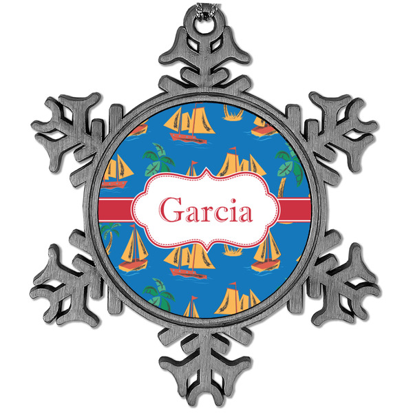 Custom Boats & Palm Trees Vintage Snowflake Ornament (Personalized)