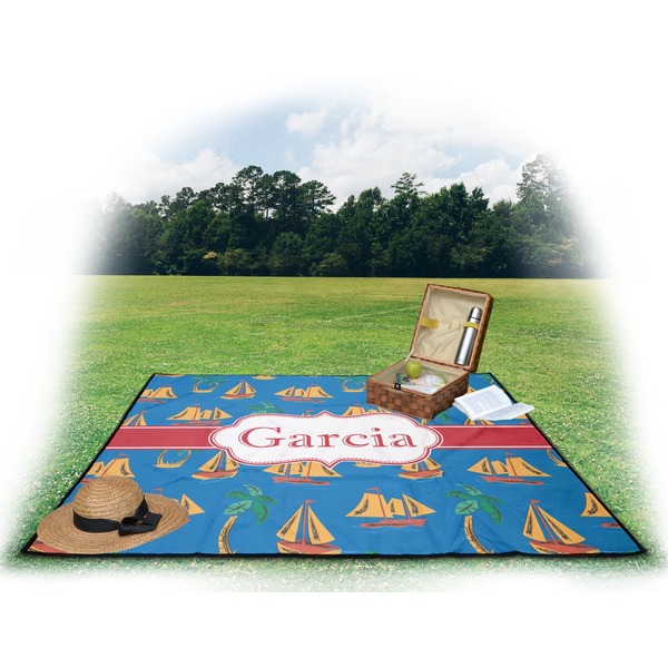 Boats & Palm Trees Picnic Blanket - with Basket Hat and Book - in Use