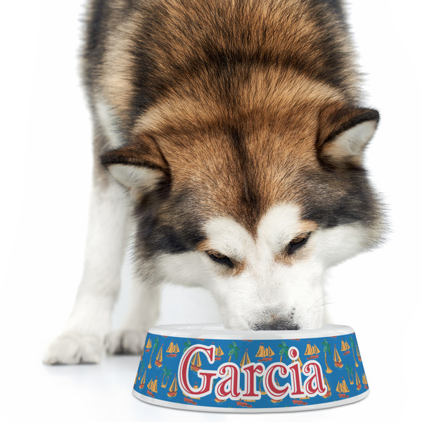 Boats & Palm Trees Plastic Pet Bowls - Large - LIFESTYLE