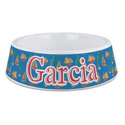 Boats & Palm Trees Plastic Dog Bowl - Large (Personalized)