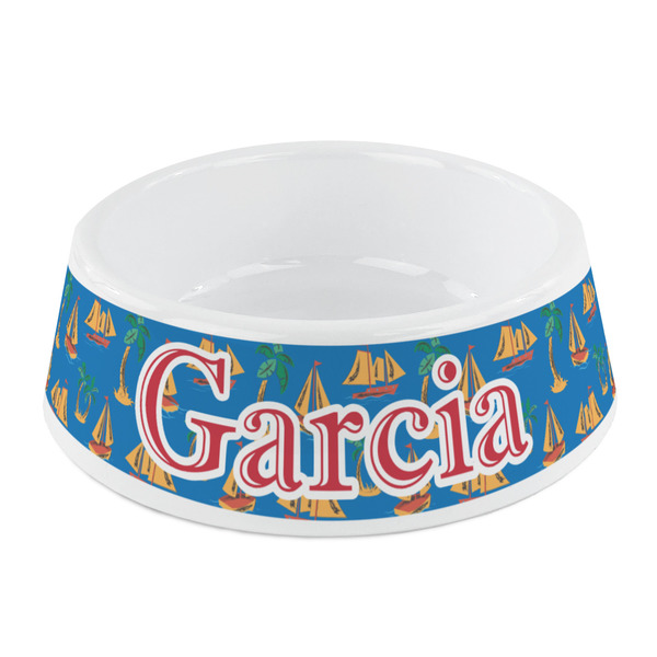 Custom Boats & Palm Trees Plastic Dog Bowl - Small (Personalized)