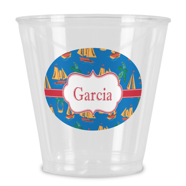 Custom Boats & Palm Trees Plastic Shot Glass (Personalized)