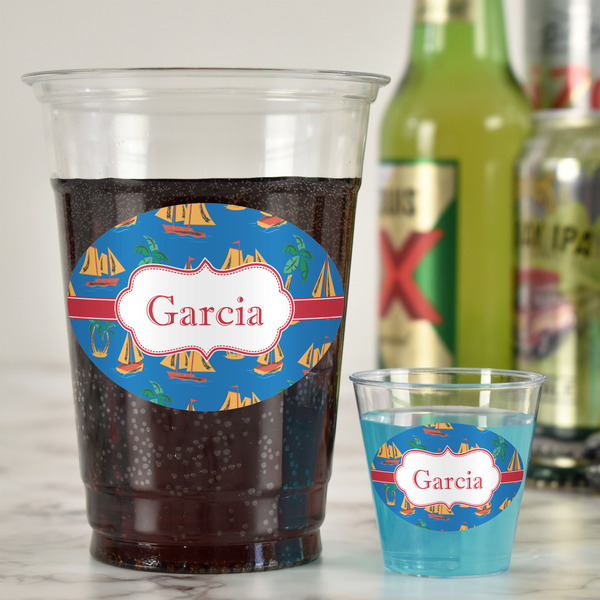 Boats & Palm Trees Plastic Shot Glasses - In Context