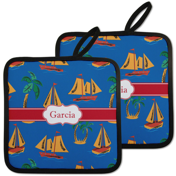 Custom Boats & Palm Trees Pot Holders - Set of 2 w/ Name or Text