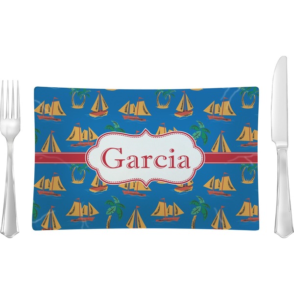 Custom Boats & Palm Trees Rectangular Glass Lunch / Dinner Plate - Single or Set (Personalized)