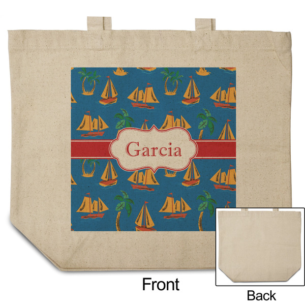 Boats & Palm Trees Reusable Cotton Grocery Bag - Front & Back View