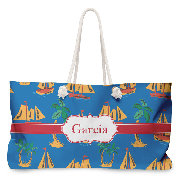 Custom Boats & Palm Trees Large Tote Bag with Rope Handles (Personalized)
