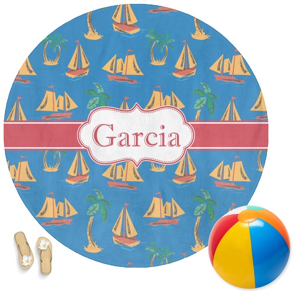 Custom Boats & Palm Trees Round Beach Towel (Personalized)