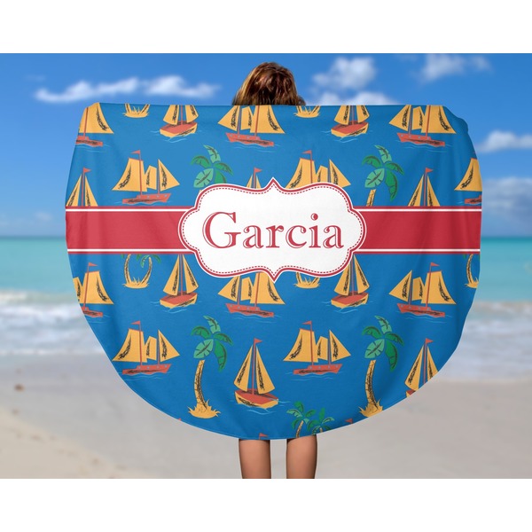 Boats & Palm Trees Round Beach Towel - In Use