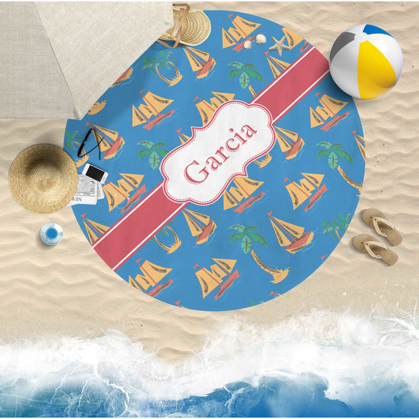 Boats & Palm Trees Round Beach Towel Lifestyle