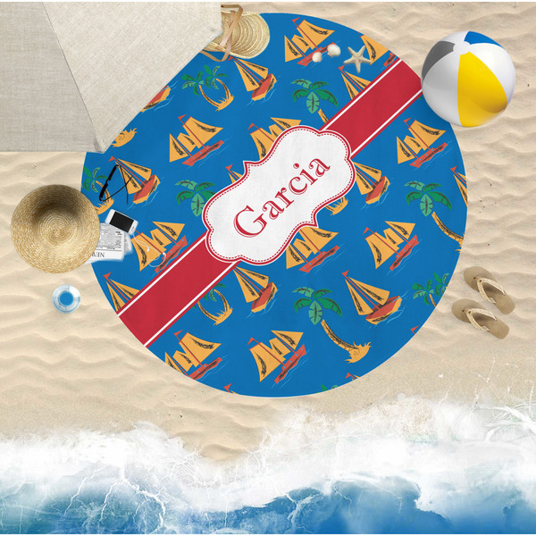 Boats & Palm Trees Round Beach Towel Lifestyle