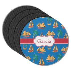 Boats & Palm Trees Round Rubber Backed Coasters - Set of 4 (Personalized)