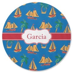 Boats & Palm Trees Round Rubber Backed Coaster (Personalized)