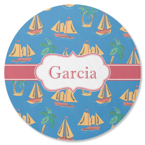 Custom Boats & Palm Trees Round Rubber Backed Coaster (Personalized)