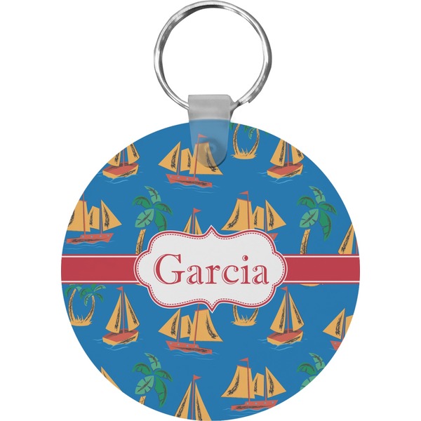 Custom Boats & Palm Trees Round Plastic Keychain (Personalized)