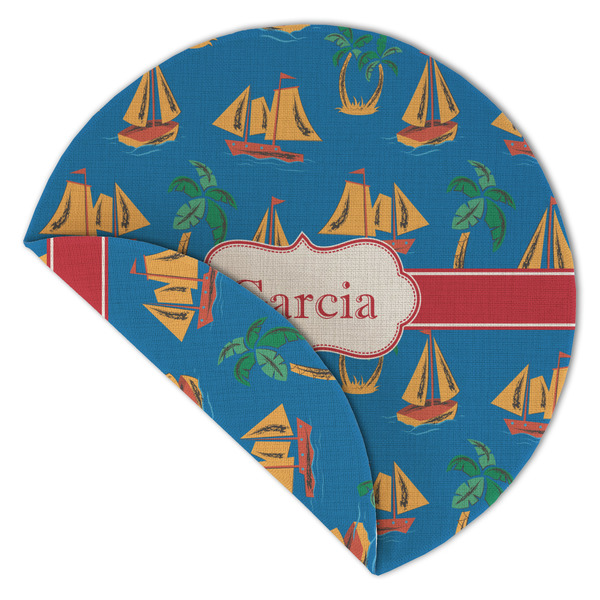 Boats & Palm Trees Round Linen Placemats - Front (folded corner double sided)