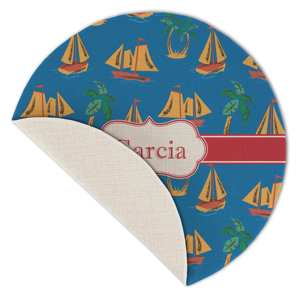Boats & Palm Trees Round Linen Placemats - Front (folded corner single sided)