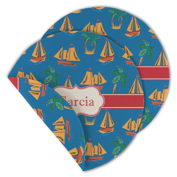Custom Boats & Palm Trees Round Linen Placemat - Double Sided (Personalized)