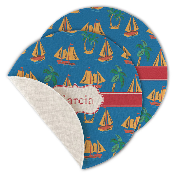 Custom Boats & Palm Trees Round Linen Placemat - Single Sided - Set of 4 (Personalized)