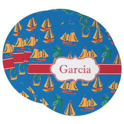 Boats & Palm Trees Round Paper Coasters w/ Name or Text