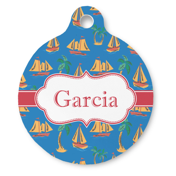 Custom Boats & Palm Trees Round Pet ID Tag - Large (Personalized)