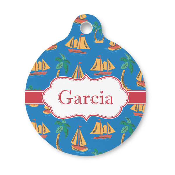 Custom Boats & Palm Trees Round Pet ID Tag - Small (Personalized)