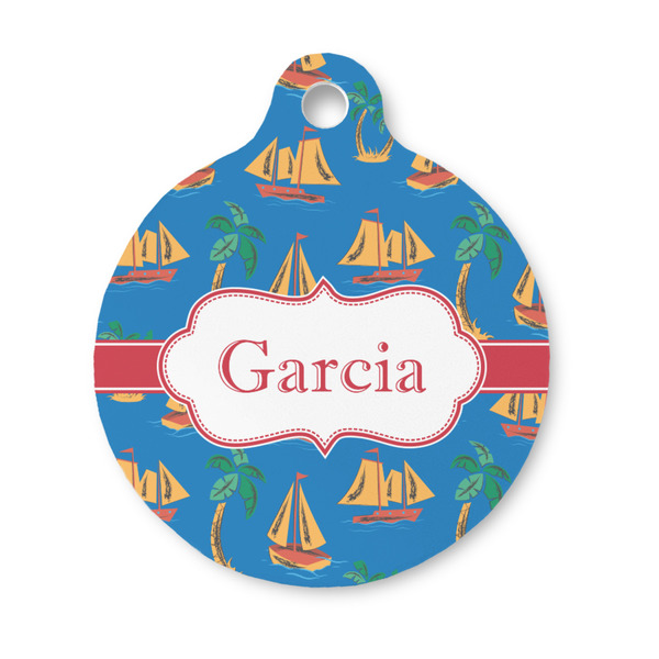 Custom Boats & Palm Trees Round Pet ID Tag - Small (Personalized)