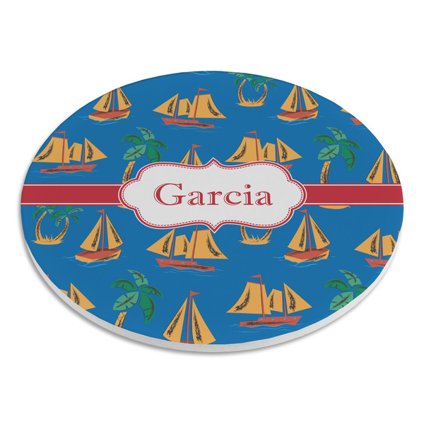 Boats & Palm Trees Round Stone Trivet - Angle View