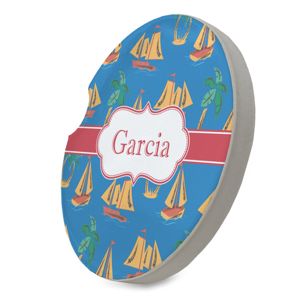 Boats & Palm Trees Sandstone Car Coaster - STANDING ANGLE