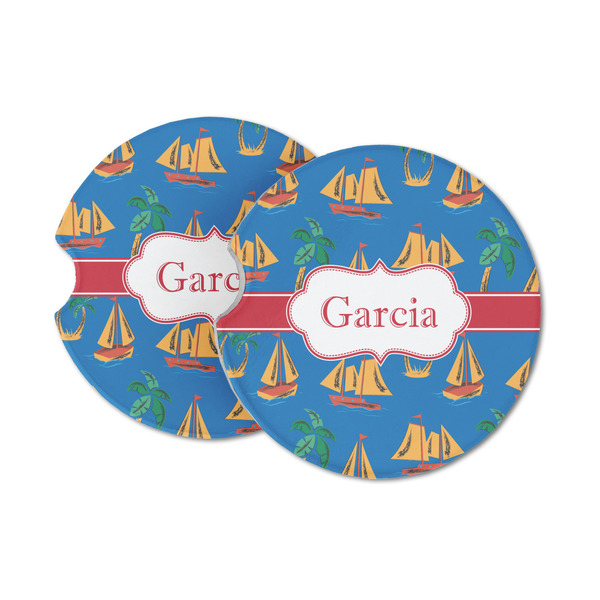 Custom Boats & Palm Trees Sandstone Car Coasters - Set of 2 (Personalized)