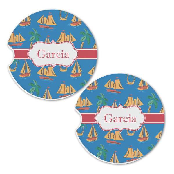 Boats & Palm Trees Sandstone Car Coasters - Set of 2