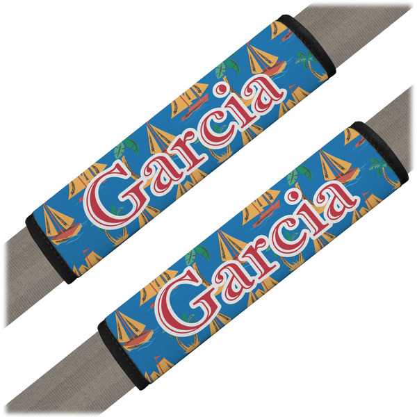 Custom Boats & Palm Trees Seat Belt Covers (Set of 2) (Personalized)