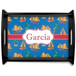 Boats & Palm Trees Black Wooden Tray - Large (Personalized)