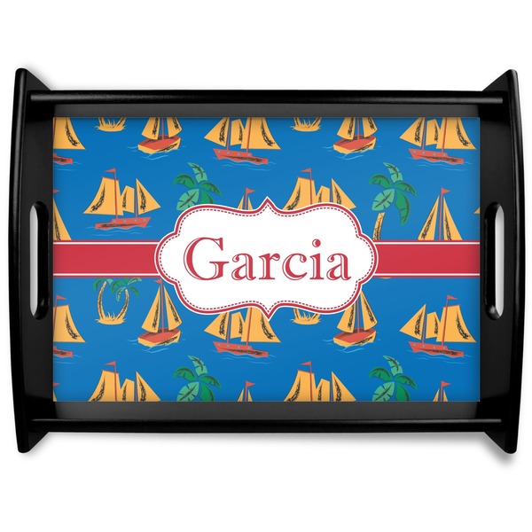 Custom Boats & Palm Trees Black Wooden Tray - Large (Personalized)