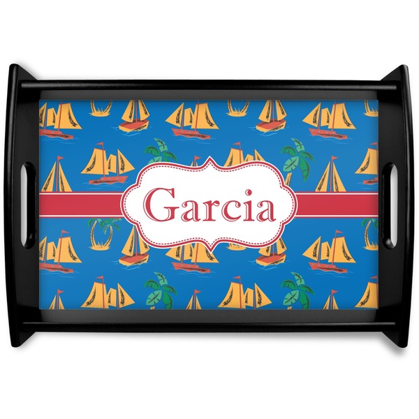 Custom Boats & Palm Trees Black Wooden Tray - Small (Personalized)