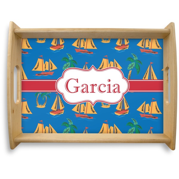 Custom Boats & Palm Trees Natural Wooden Tray - Large (Personalized)