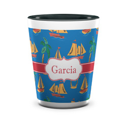 Boats & Palm Trees Ceramic Shot Glass - 1.5 oz - Two Tone - Single (Personalized)