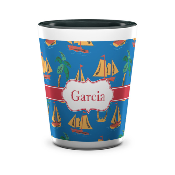 Custom Boats & Palm Trees Ceramic Shot Glass - 1.5 oz - Two Tone - Set of 4 (Personalized)