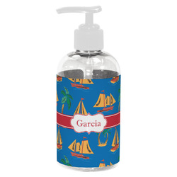 Boats & Palm Trees Plastic Soap / Lotion Dispenser (8 oz - Small - White) (Personalized)