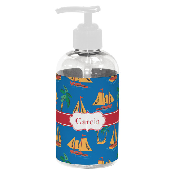 Custom Boats & Palm Trees Plastic Soap / Lotion Dispenser (8 oz - Small - White) (Personalized)