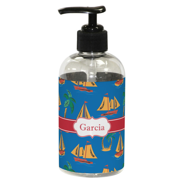 Custom Boats & Palm Trees Plastic Soap / Lotion Dispenser (8 oz - Small - Black) (Personalized)