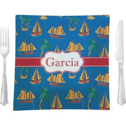 Boats & Palm Trees 9.5" Glass Square Lunch / Dinner Plate- Single or Set of 4 (Personalized)