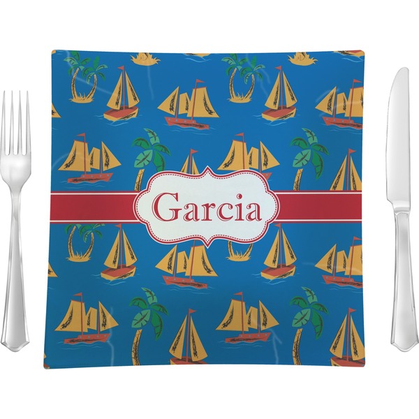 Custom Boats & Palm Trees 9.5" Glass Square Lunch / Dinner Plate- Single or Set of 4 (Personalized)