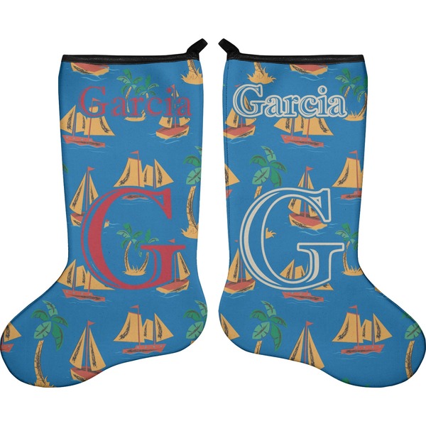 Custom Boats & Palm Trees Holiday Stocking - Double-Sided - Neoprene (Personalized)