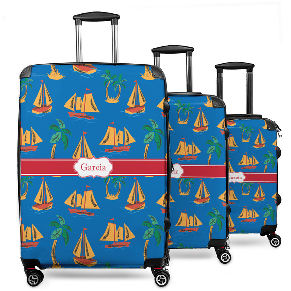 Custom Boats & Palm Trees 3 Piece Luggage Set - 20" Carry On, 24" Medium Checked, 28" Large Checked (Personalized)