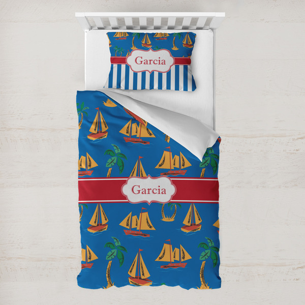 Custom Boats & Palm Trees Toddler Bedding Set - With Pillowcase (Personalized)