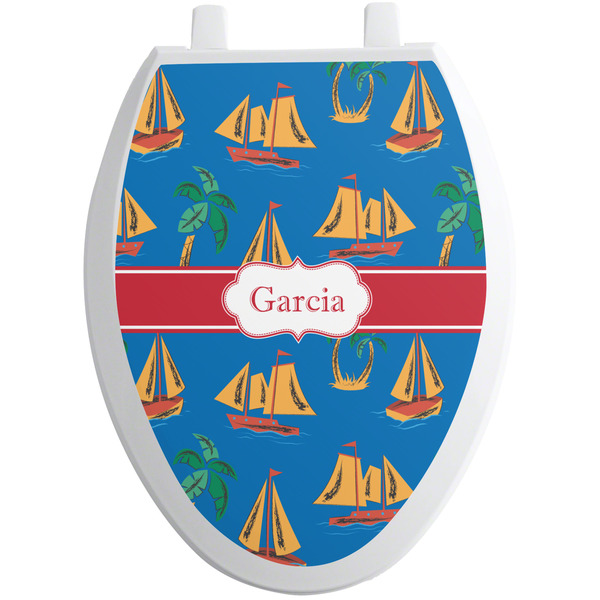 Custom Boats & Palm Trees Toilet Seat Decal - Elongated (Personalized)