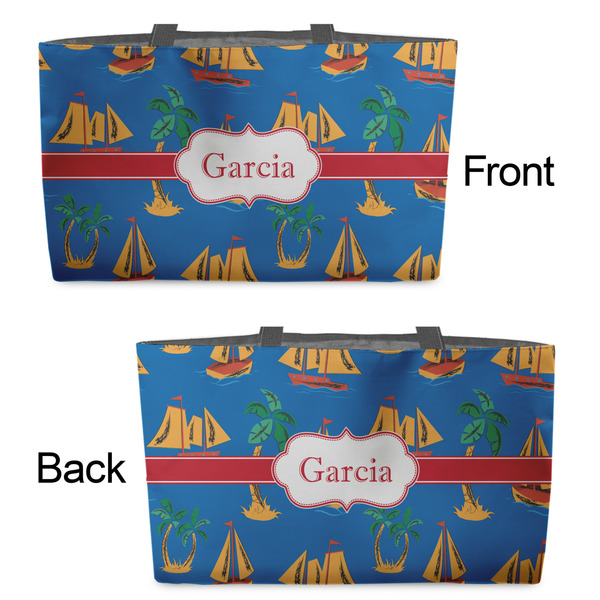 Boats & Palm Trees Tote w/Black Handles - Front & Back Views