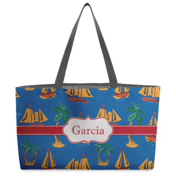 Custom Boats & Palm Trees Beach Totes Bag - w/ Black Handles (Personalized)